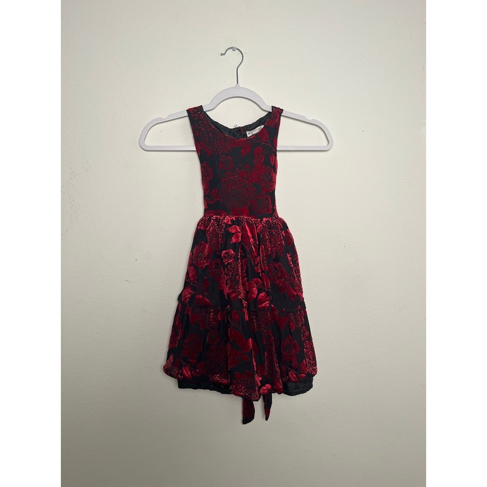 Nannette Kids Girls Red Black Floral Burnout Velvet Tiered Party Dress Size 6